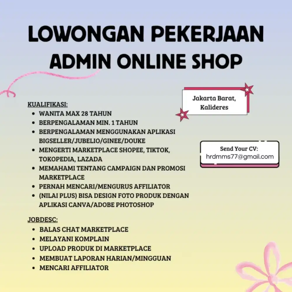 Dibutuhkan Admin Online Shop Pria Wanita