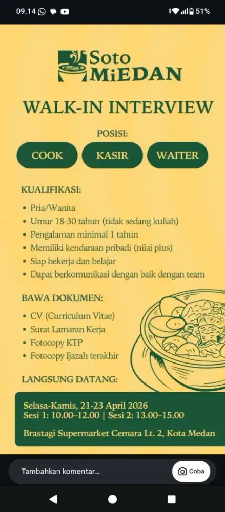 Lowongan Cook, Waiter, Kasir