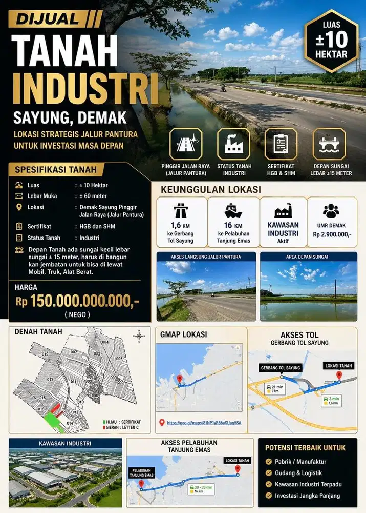 Di jual tanah 10 hektar di pinggir jalan demak sayung