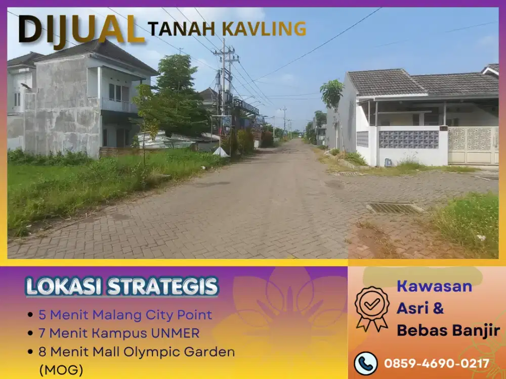 Jual Tanah 5 Menit Kampus UNIKAMA Malang Lebar Jalan 6 Meter Untuk Dibangun Rumah