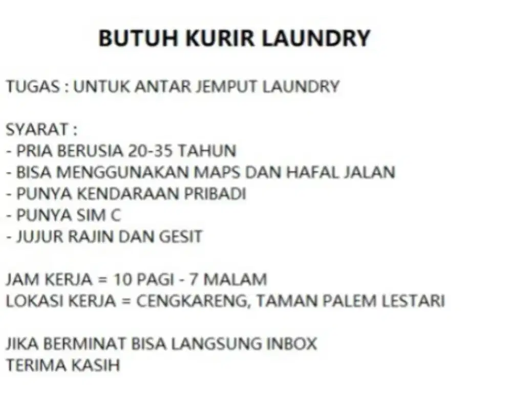 Lowongan Kurir Laundry Cengkareng