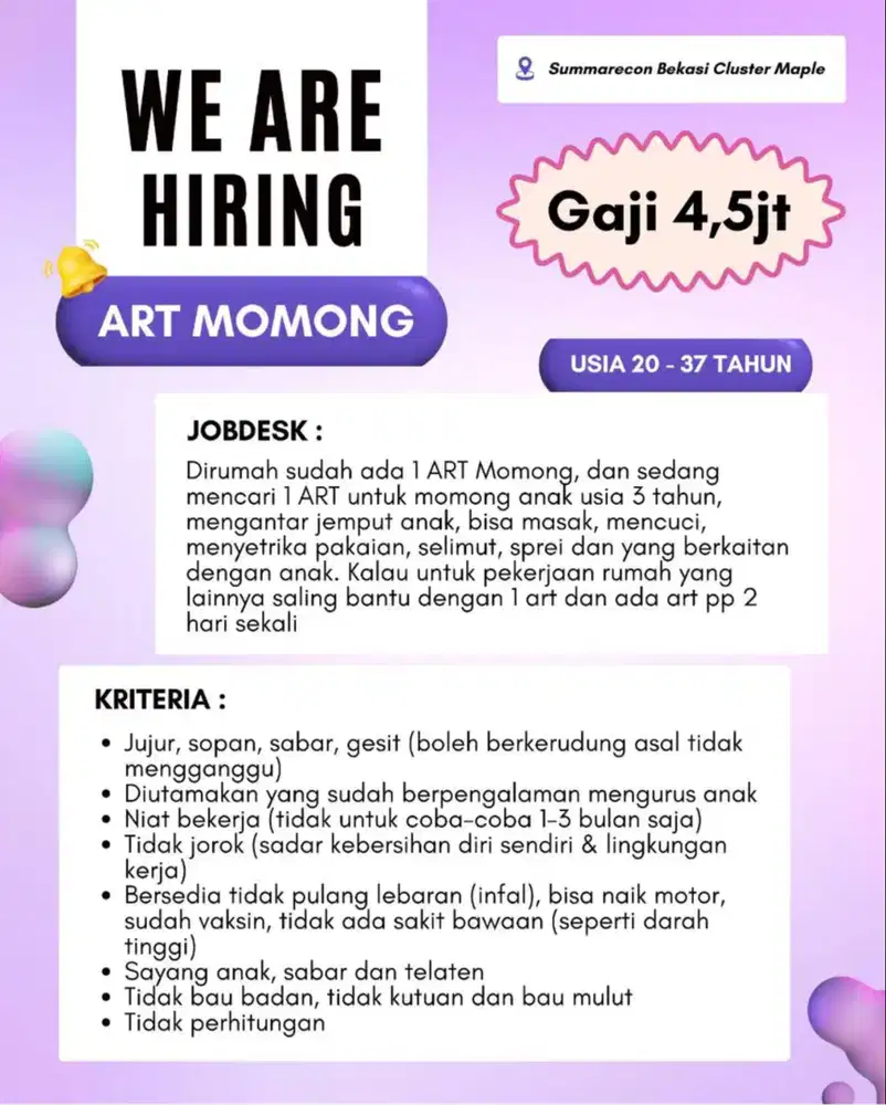 LOKER ART MOMONG PENGASUH BABY SITTER LOWONGAN KERJA BEKASI