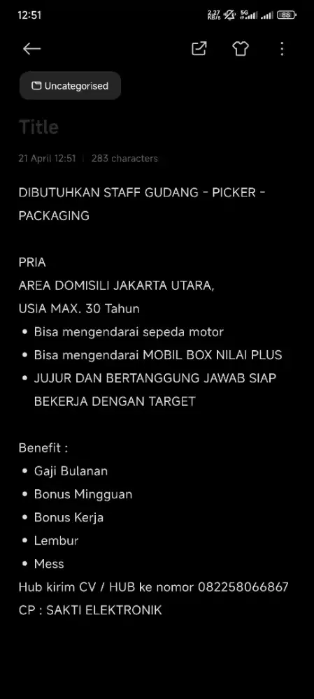 DIBUTUHKAN STAFF GUDANG - PICKER - PACKAGING