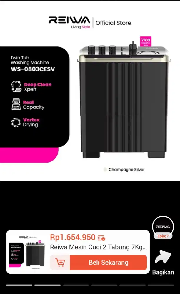 Mesin cuci Reiwa 2 tabung 7kg Baru