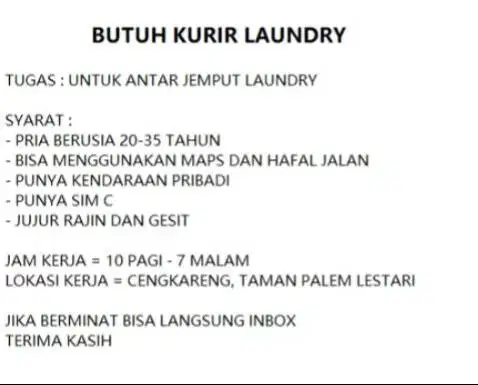 LOWONGAN KURIR UNTUK LAUNDRY