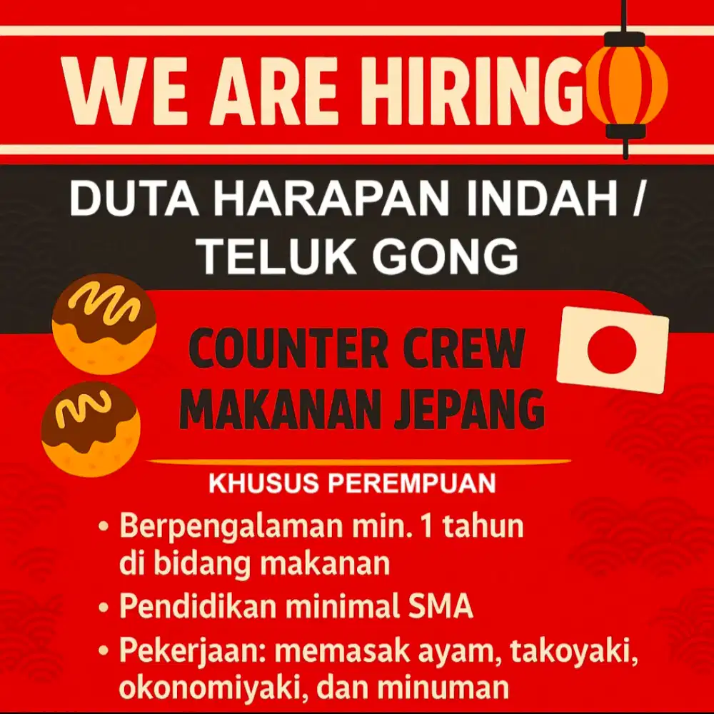 Dicari crew makanan jepang momokino teluk gong