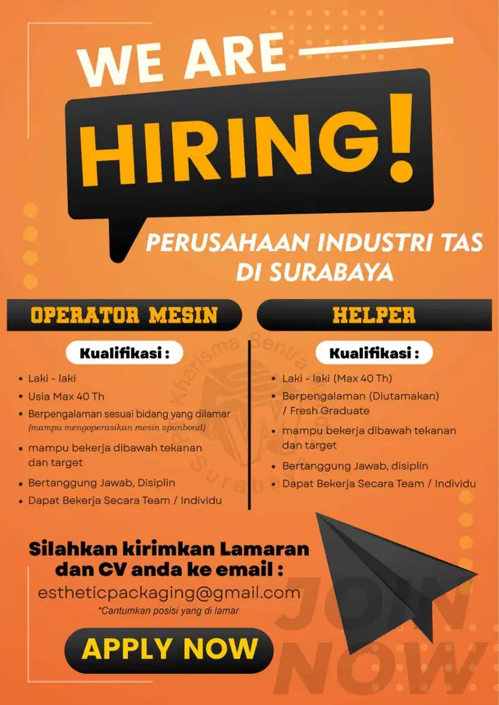 Dibutuhkan Helper / Operator Mesin