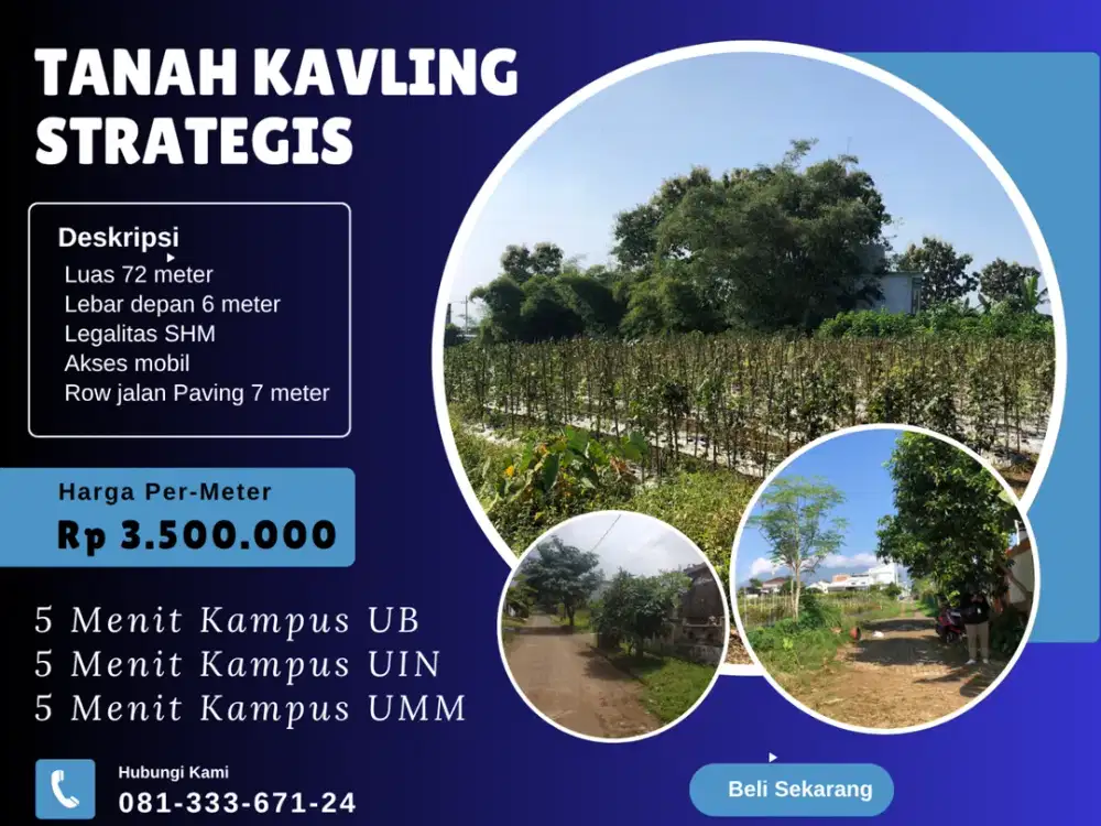 Jual Tanah 5 Menit Kampus UB Malang SHM Pecah