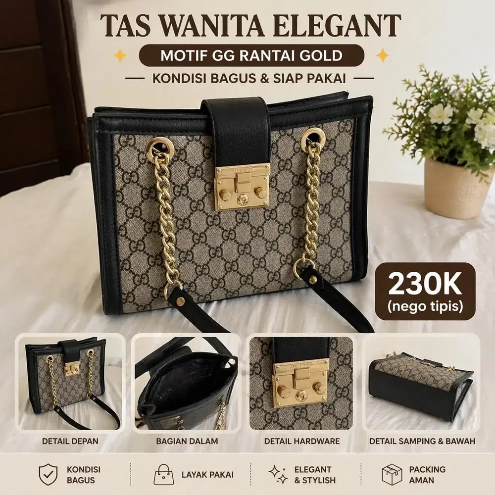 Tas Wanita Elegant Motif GG Rantai Gold Prelove