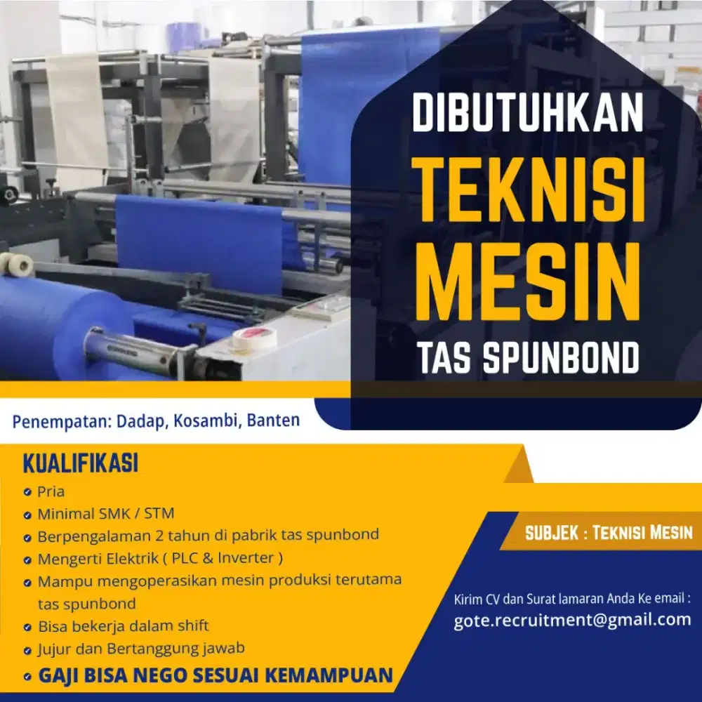 Lowongan - Teknisi Mesin , Finance / Purchasing , Packer