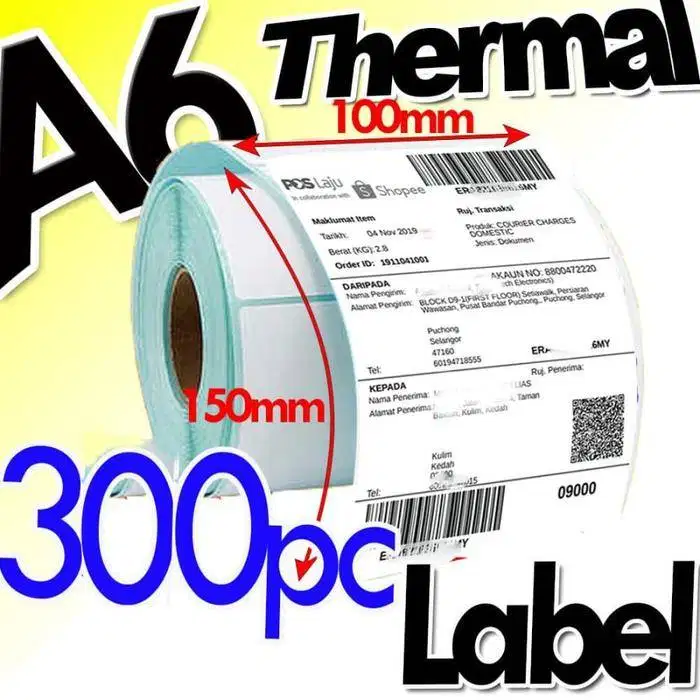 KERTAS LABEL STIKER THERMAL 100mm 100 X 150 KERTAS STICKER A6