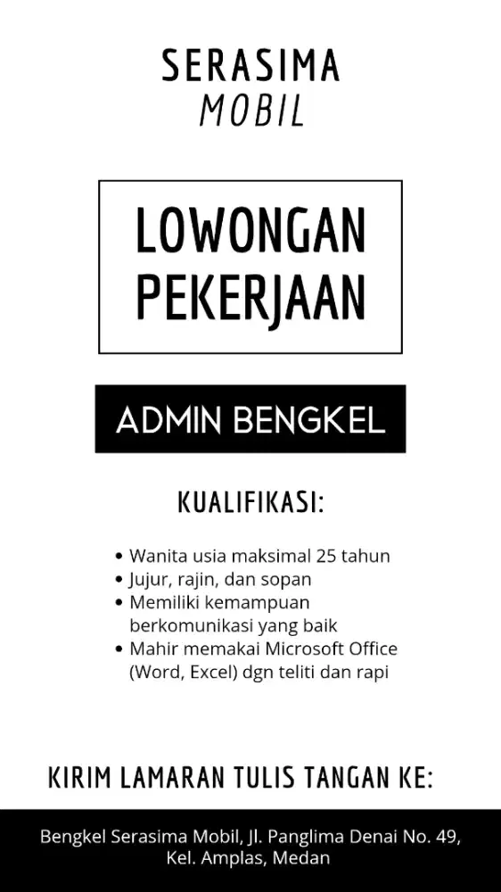 Dibutuhkan segera Admin Bengkel