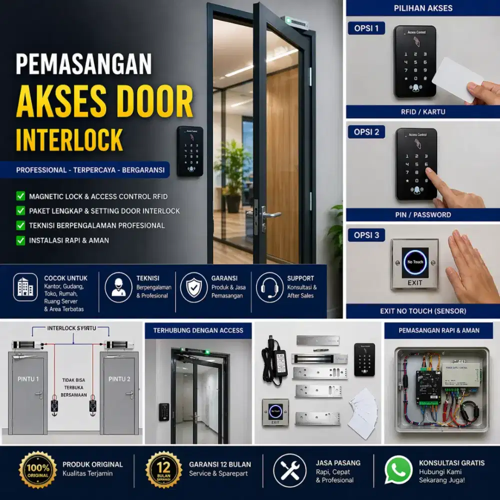 JASA PASANG AKSES DOOR + ALARM INTERLOCK (RFID / PIN / NO TOUCH EXIT)