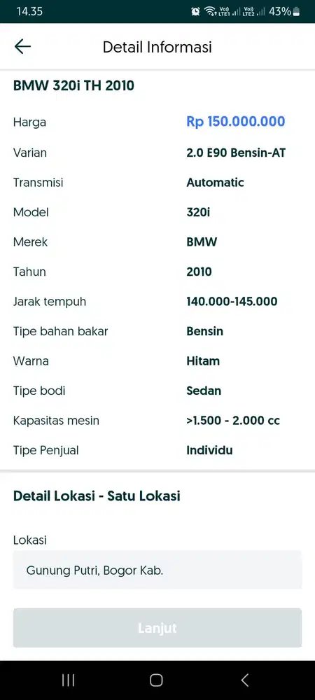 BMW 320i 2010 Bensin