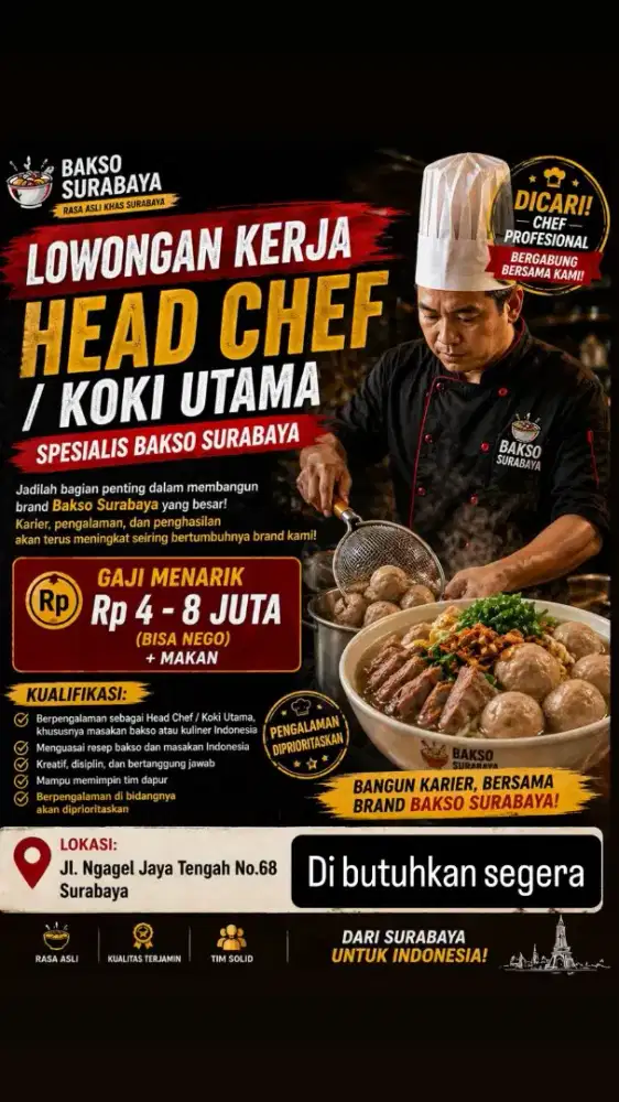 Dicari Head Chef Bakso Surabaya Gaji 4-8 Juta