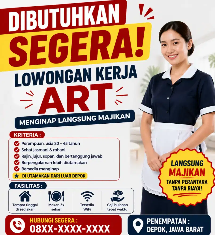 Loker ART / lowongan kerja asisten rumah tangga Menginap