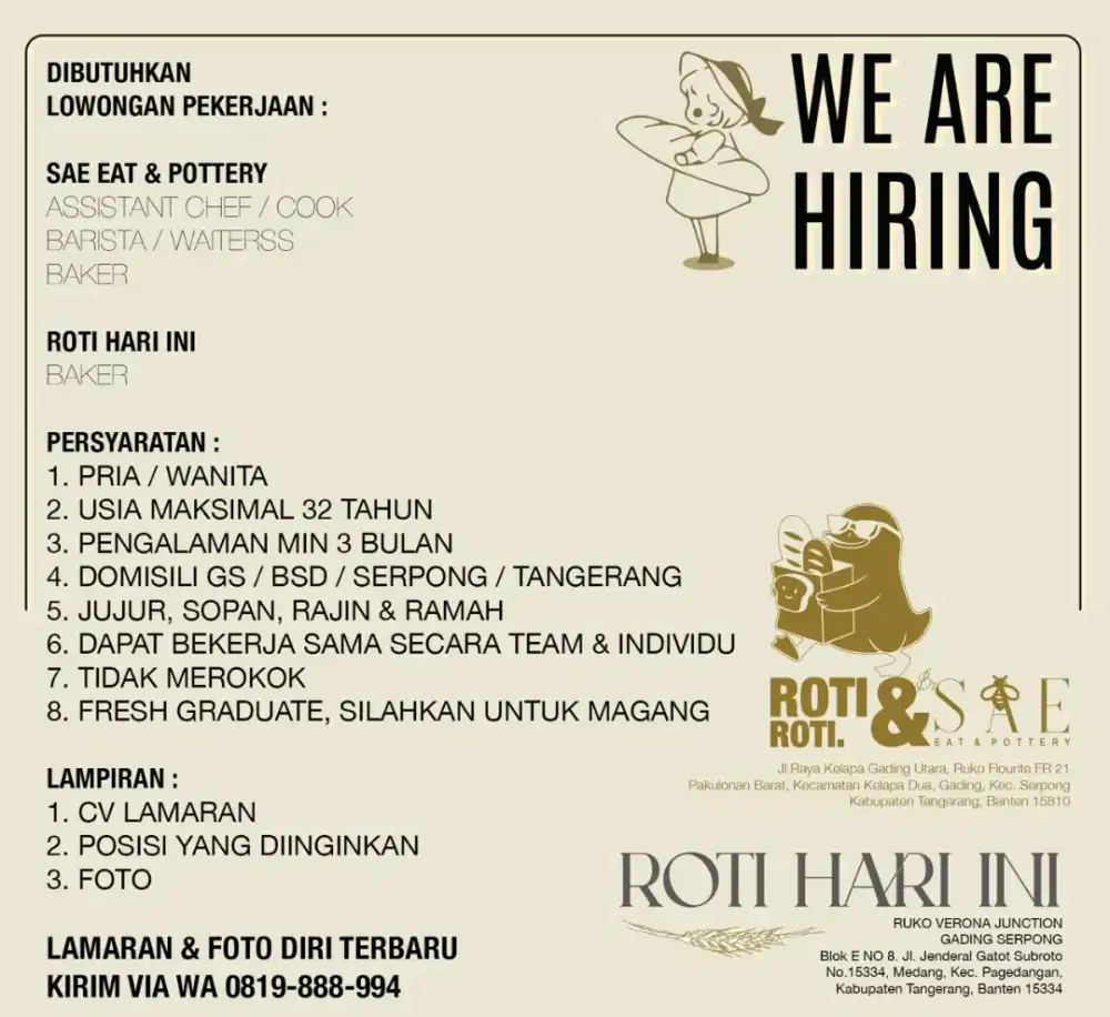 Dibutuhkan segera , Loker di cafe gading serpong