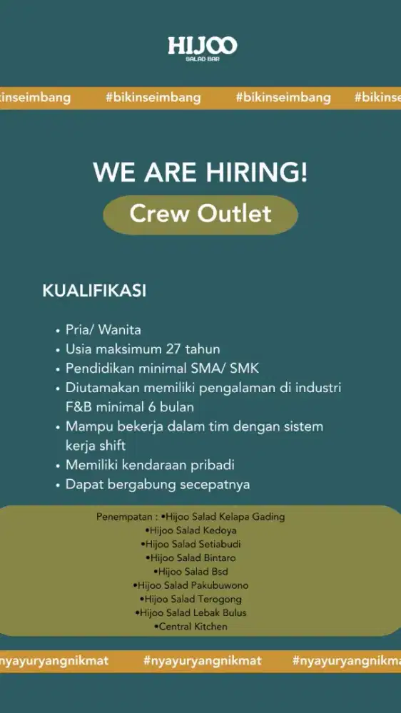 Dibutuhkan Cepat Crew Outlet dan Central kitchen