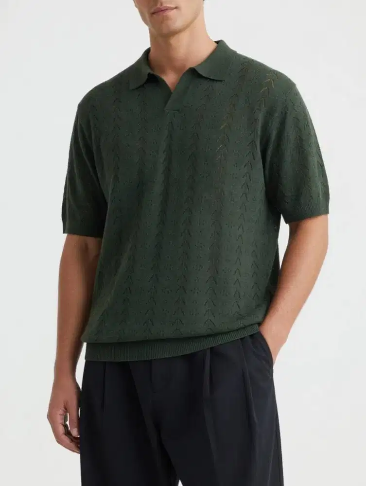 ZARA MAN RELAXED FIT TEXTURED KNIT POLO SHIRT - GREEN (L)