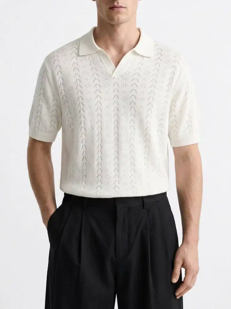 ZARA MAN RELAXED FIT TEXTURED KNIT POLO SHIRT - OFF WHITE (L)