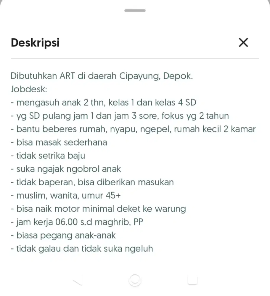 Dicari ART daerah Cipayung Depok