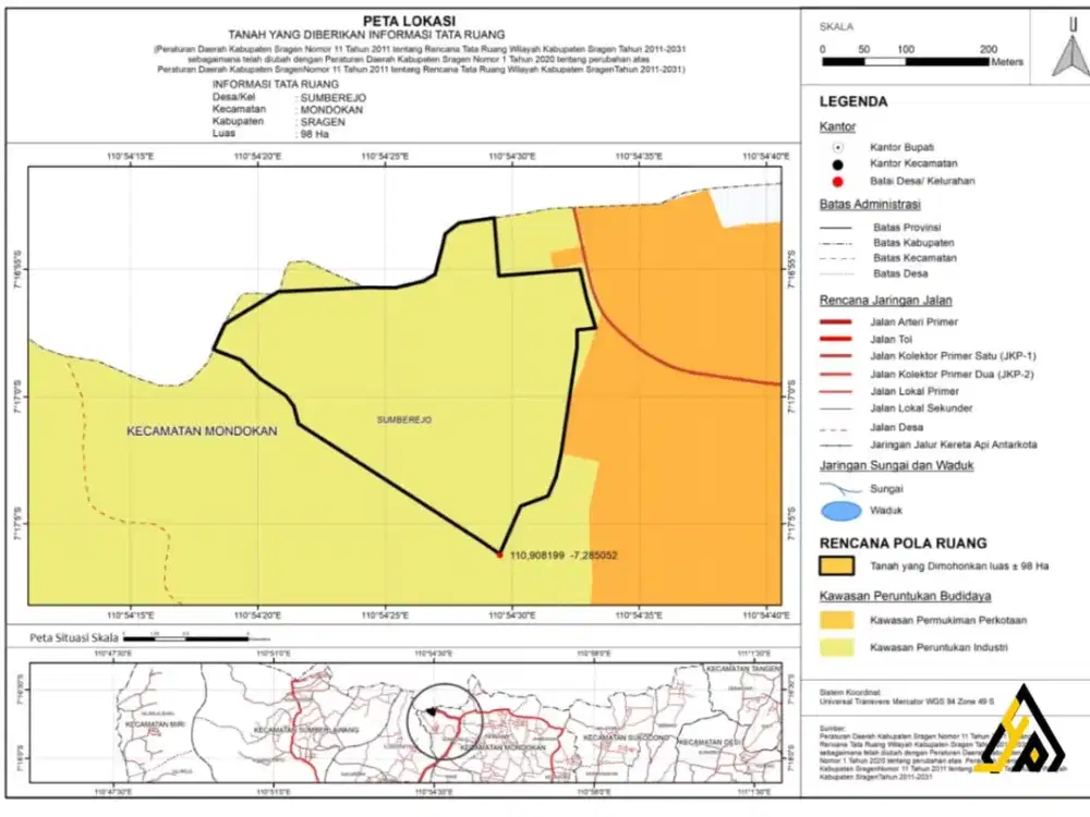 Dijual Lahan Zona Industri Lokasi Mondokan, Sragen Luas 10 Ha