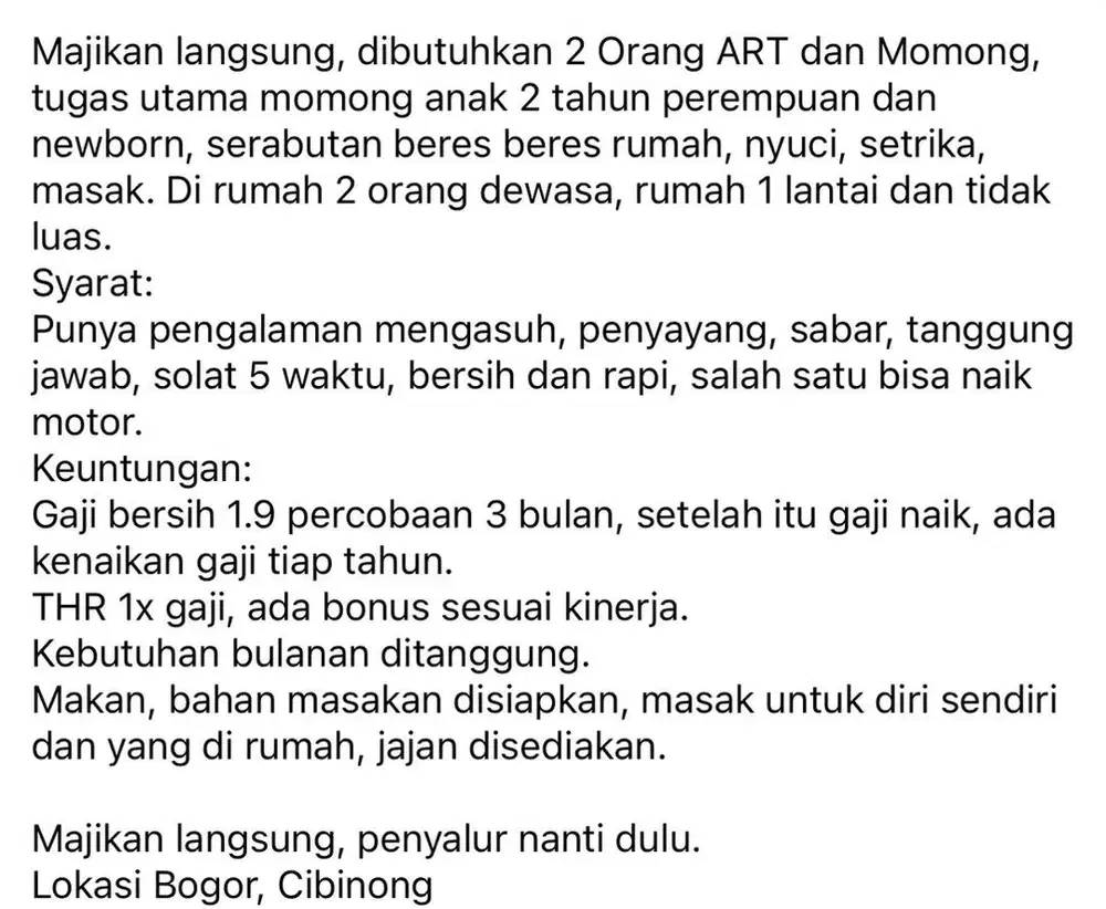 Loker untuk pengasuh dan ART