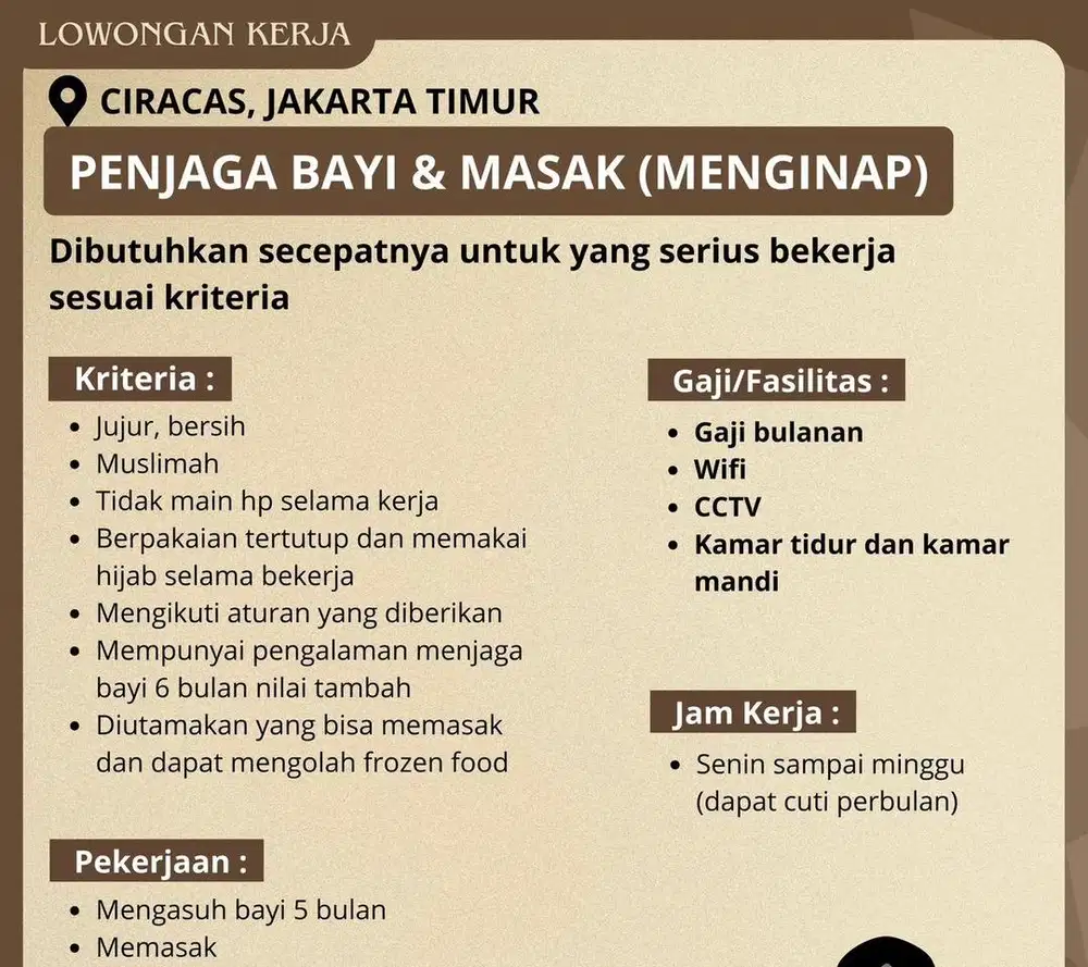 Loker pengasuh bayi dan masak