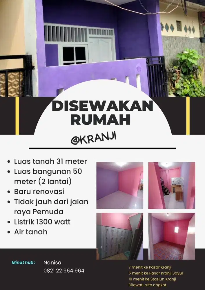 Disewakan rumah minimalis 2 kamar bebas banjir