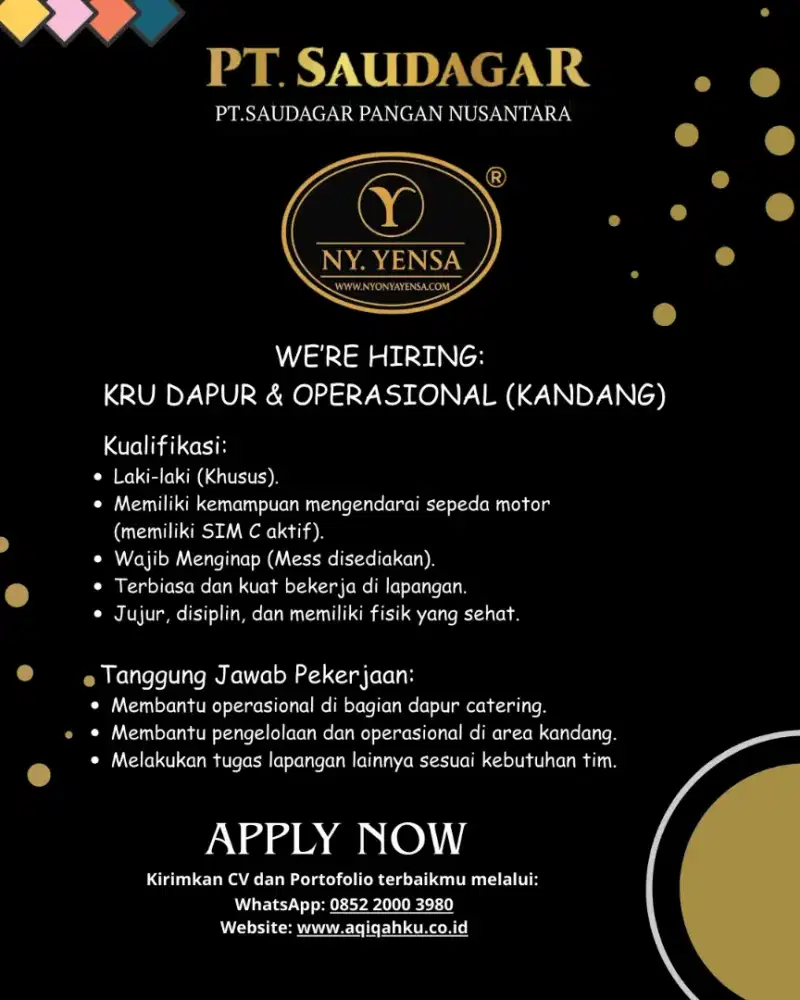LOWONGAN KERJA – KRU DAPUR & OPERASIONAL (KANDANG)