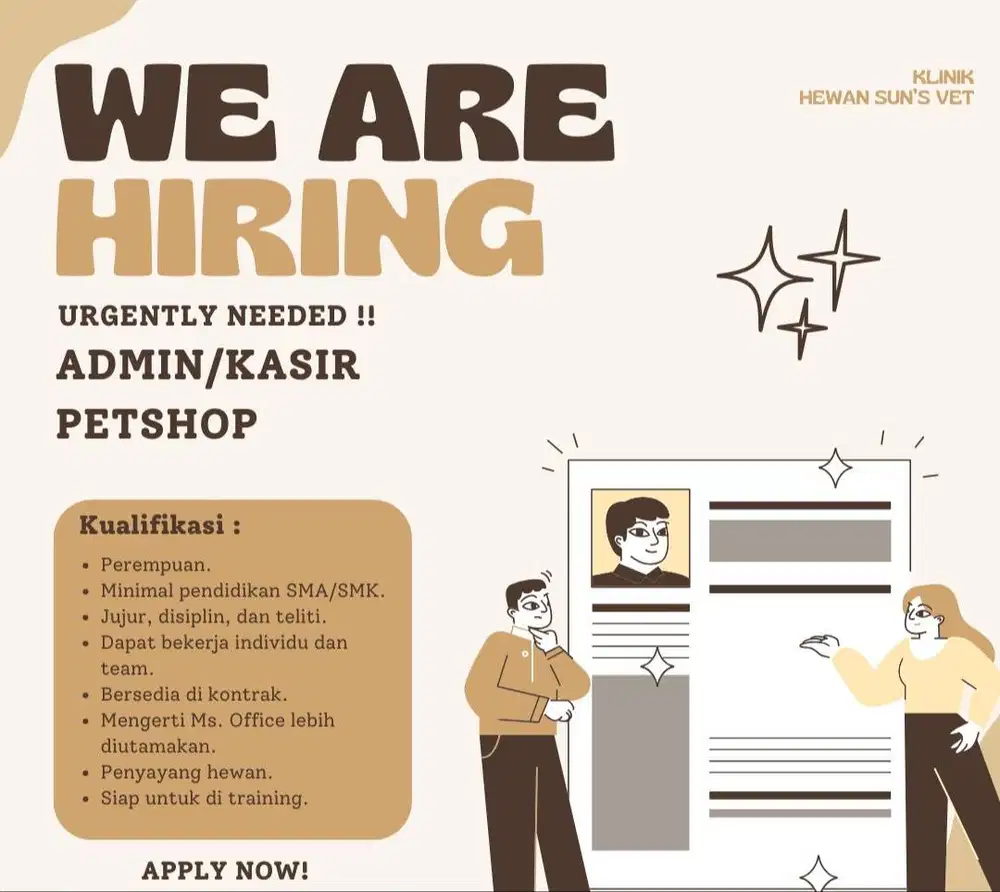 Lowongan pekerjaan sebagai Admin/Kasir di klinik hewan.