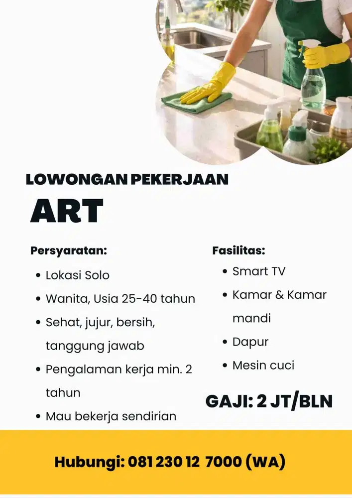 Dicari ART menginap di Solo