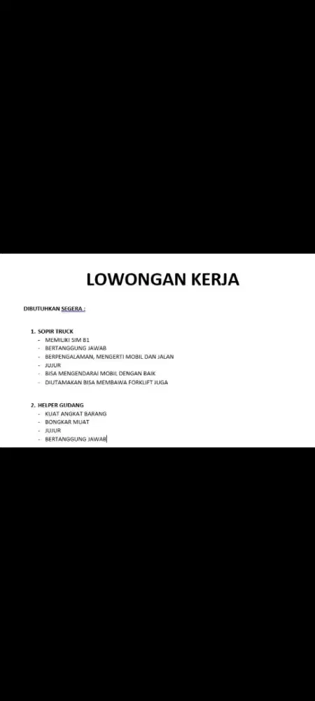 Lowongan supir dan helper