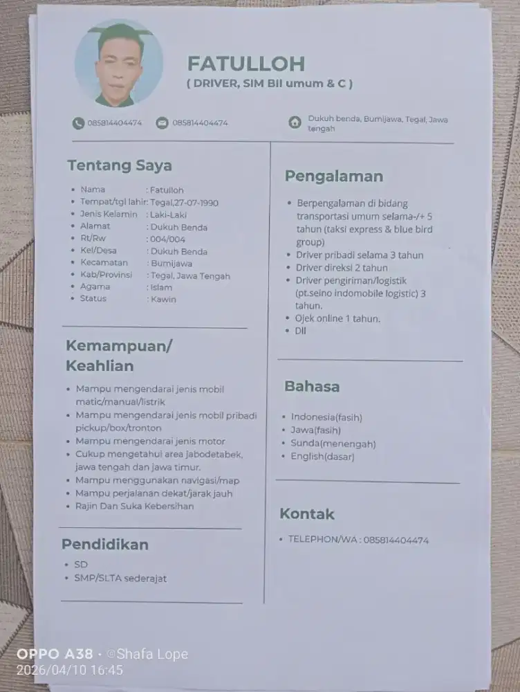 driver pribadi, expedisi,rental, dll.