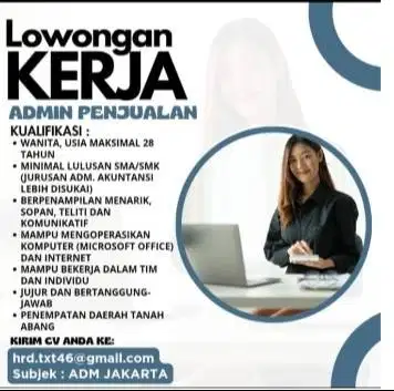 Dibutuhkan Segera Admin Penjualan untuk daerah Tanah Abang