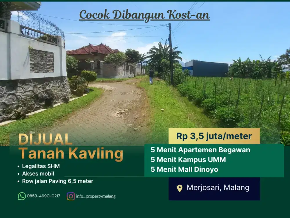 5 Menit Kampus UMM Malang Row Jalan 6 Meter Cocok Bangun Kos Kosan Tanah Kavling Perumahan