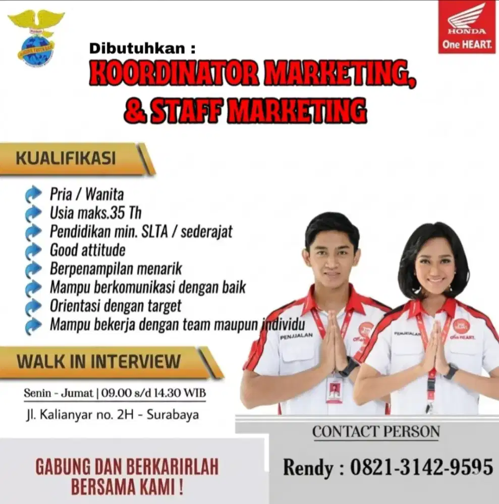 Dibutuhkan,koordinator marketing dan staff marketing sepda motor Honda