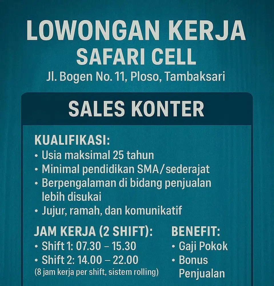 Lowongan kerja sales konter 8 jam kerja gaji pokok