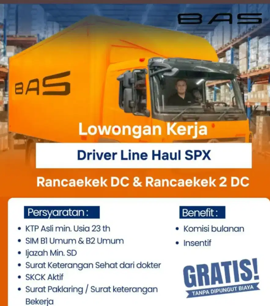Lowongan Driver Line Haul - Penempatan Rancaekek (Gratis!)
