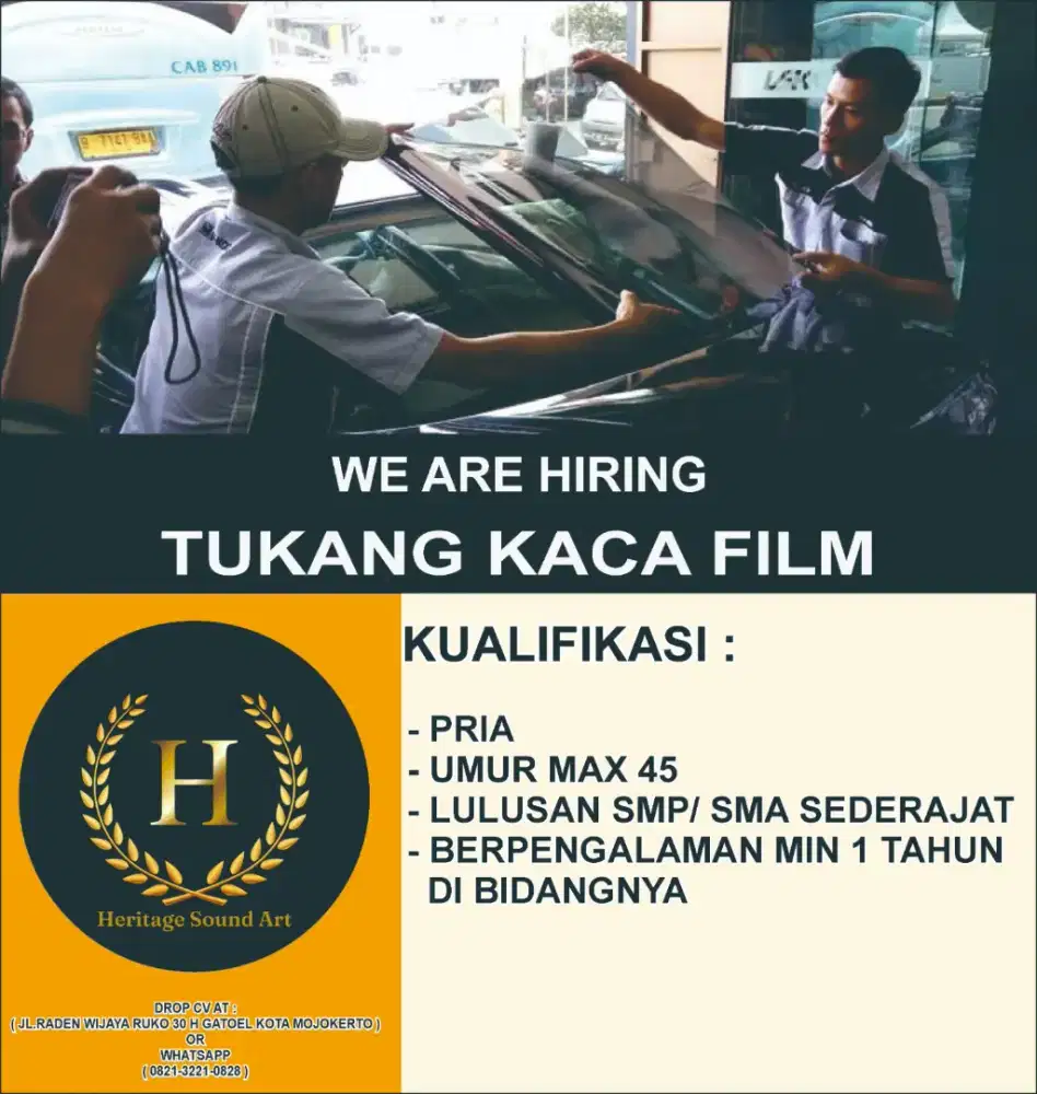 Dibutuhkan Tenaga Kerja Kaca Film Mobil & Gedung
