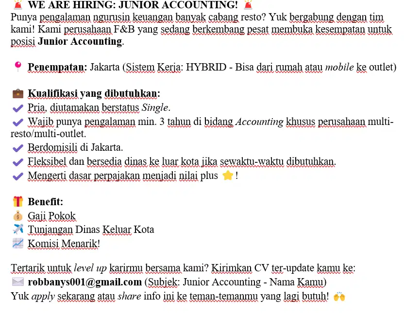 WE ARE HIRING: JUNIOR ACCOUNTING!