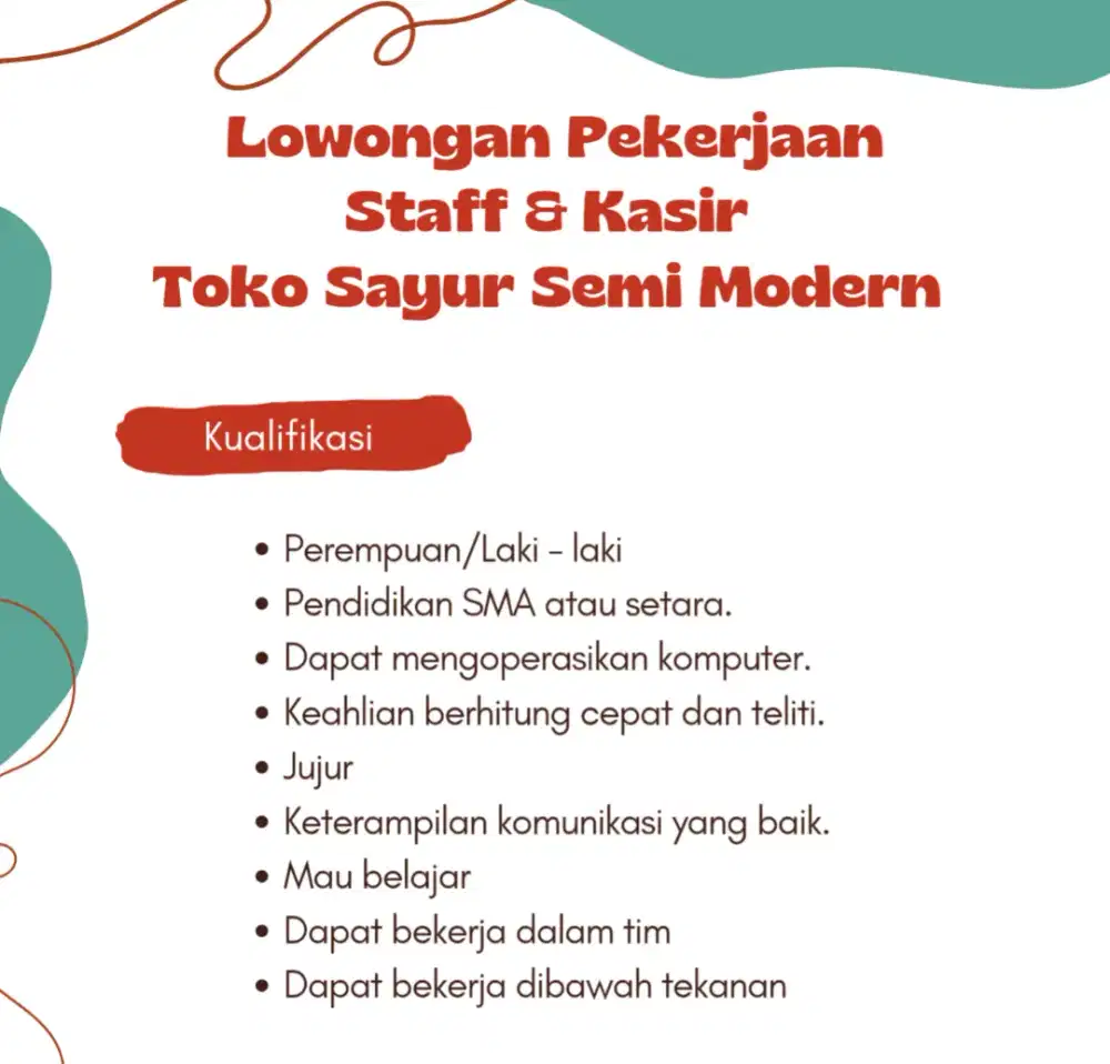 LOWONGAN PEKERJAAN STAFF & KASIR TOKO SAYUR SEMI MODERN