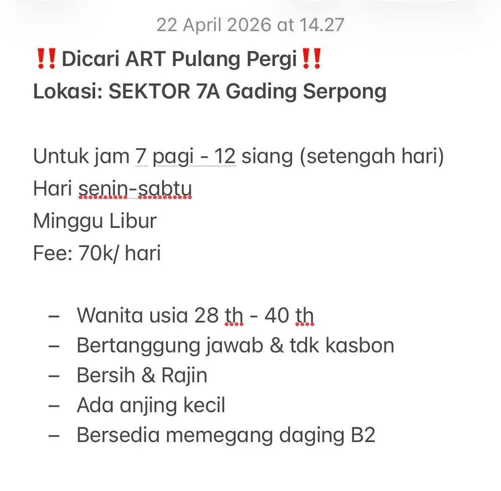 ‼️Dicari ART Pulang Pergi‼️ Lokasi: SEKTOR 7A Gading Serpong