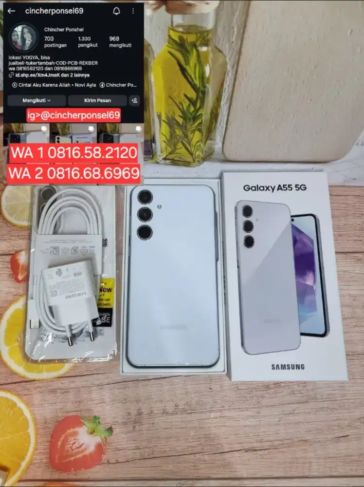 Jual hp likenew samsung A55 5G 8/256 mulus grns resmi  free ADAPTOR