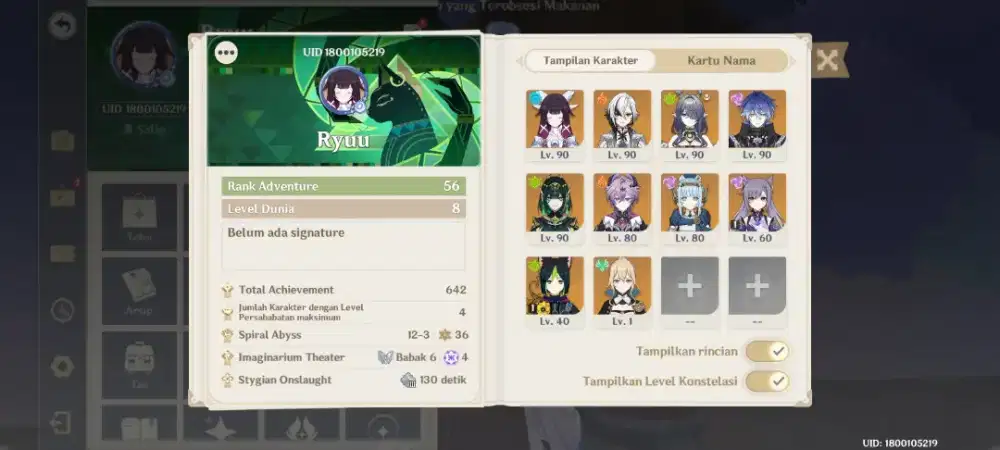 Akun Genshin Impact AR 56 Karakter B5+ Signature Level 90