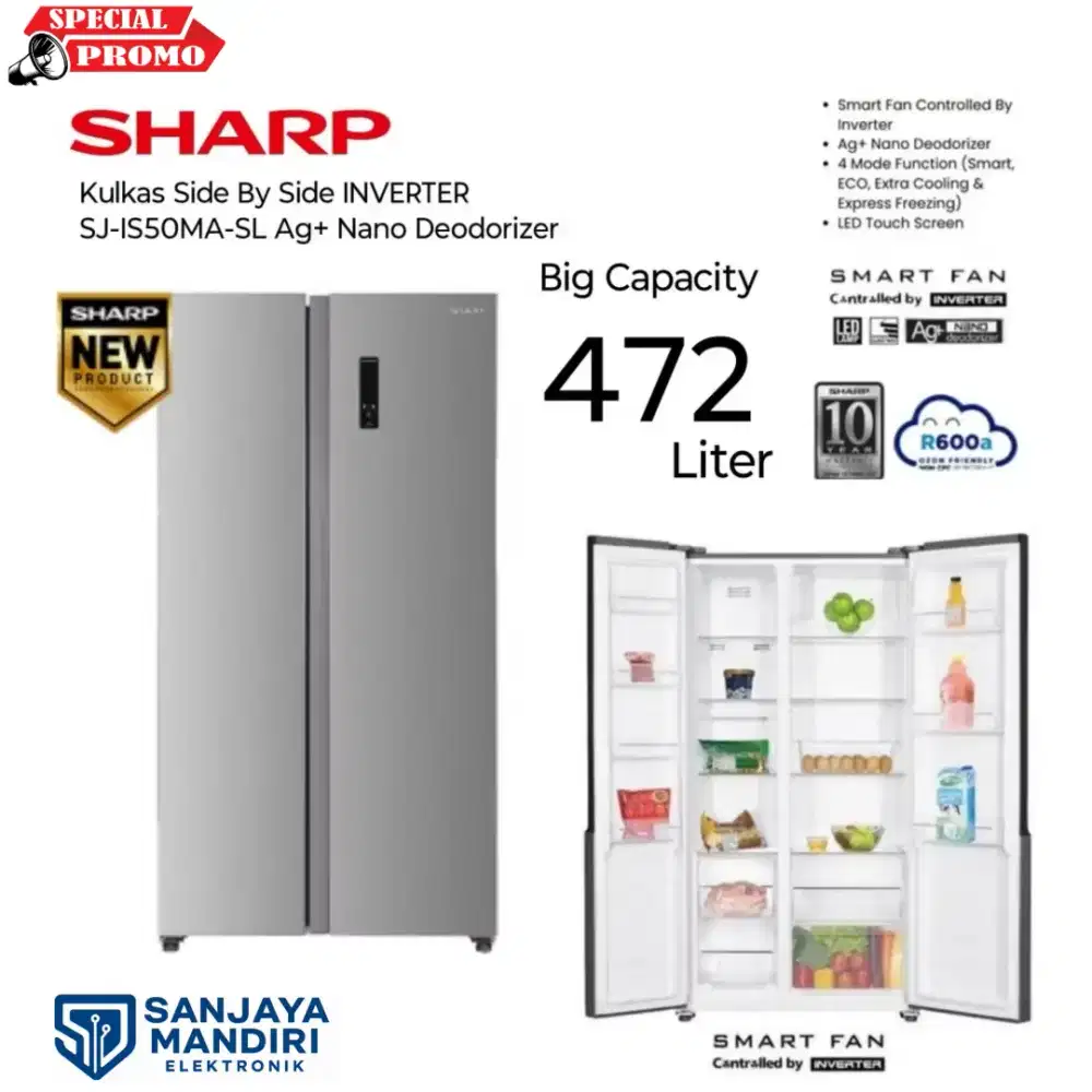 SHARP Kulkas SBS 472 L J-TECH INVERTER SJ-IS50MA-SL Ag+NanoDeoderizer