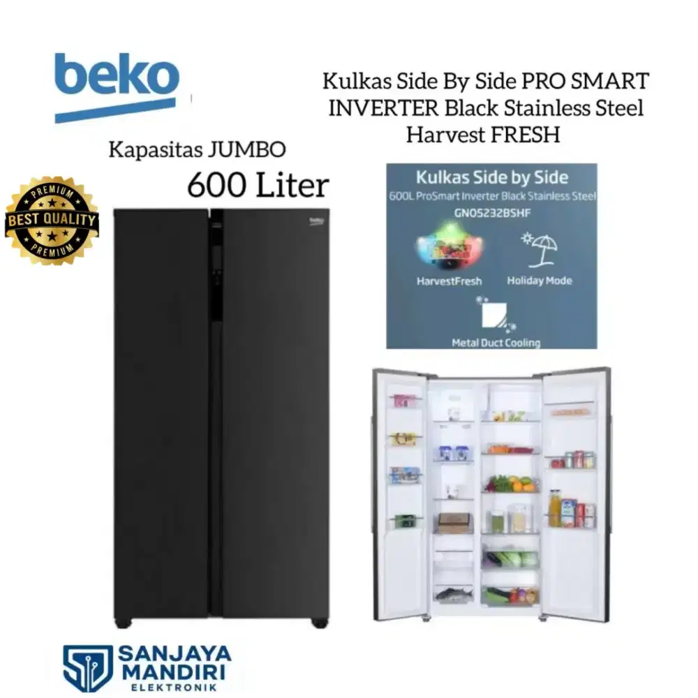 BEKO Kulkas SBS SMART INVERTER JUMBO 600 LTR GNO5232BSHF Harvest Fresh