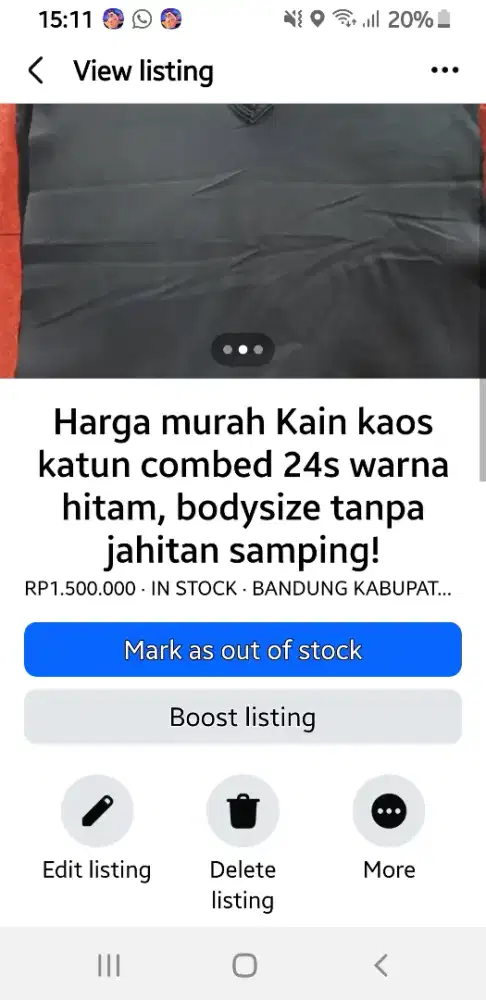 Harga murah Kain kaos katun combed 24s warna hitam, bodysize   tebal