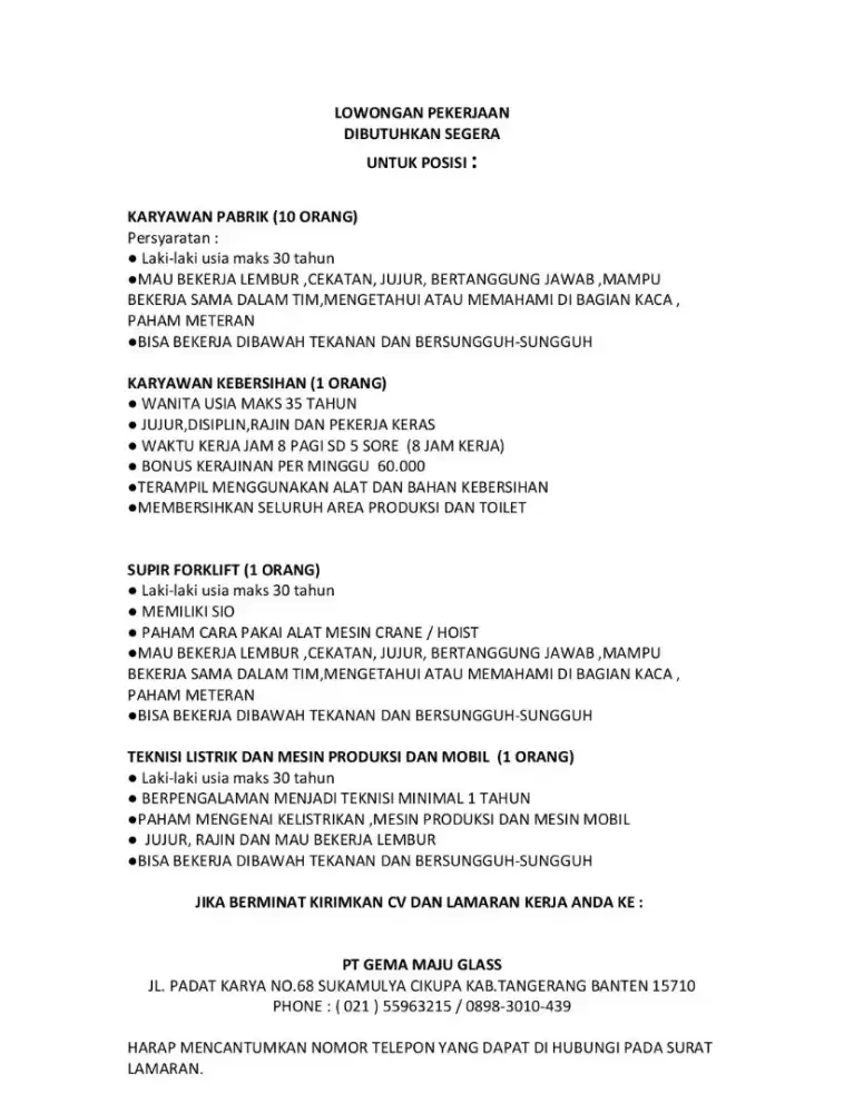 Dibutuhkan segera,jika berminat langsung kirim CV