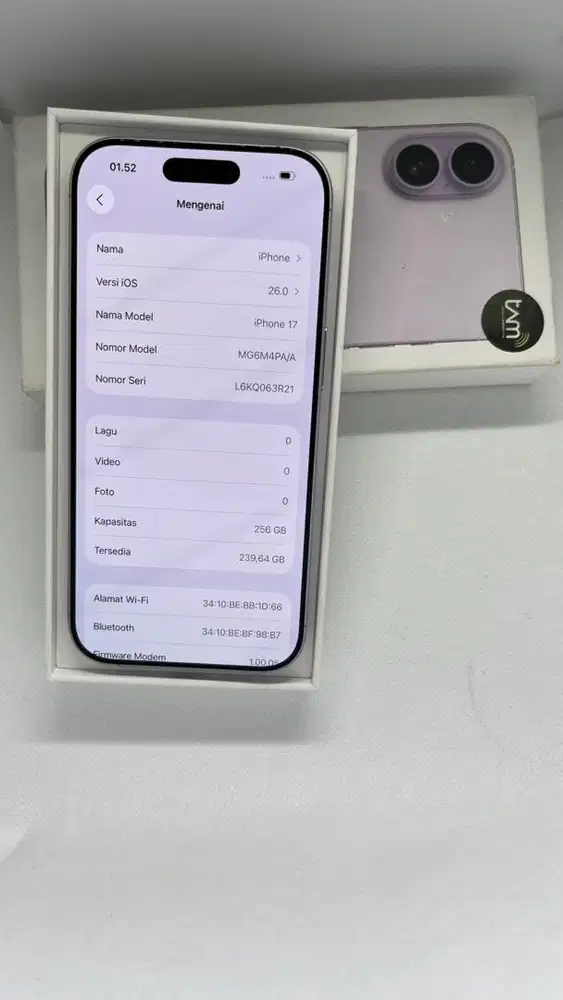iPhone 17 256GB iBox Lavender BH 100 CC 29 Garansi On 8 Desember 2026